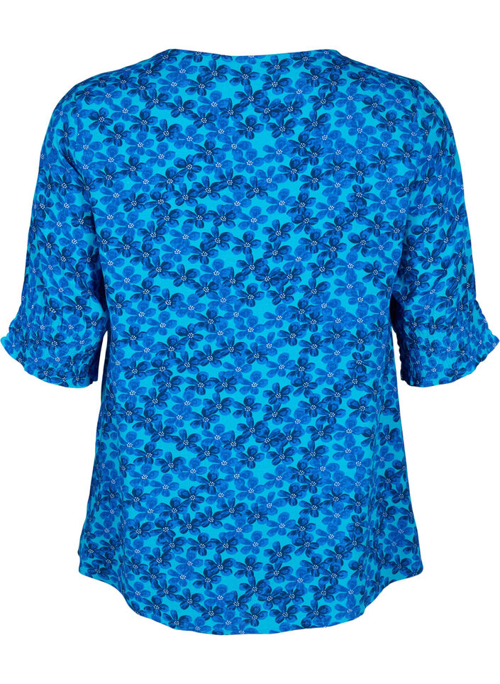 Viskosebluse med knapper, Blue Small Flower, Packshot image number 1