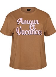 T-shirt i bomuld med korte &aelig;rmer og print, Brun