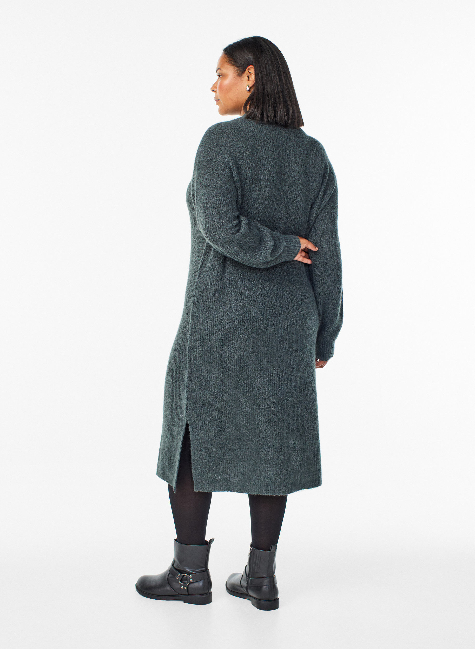 Zizzi Lang strikkjole med h&oslash;j hals, Gr&oslash;n, Model image number 1