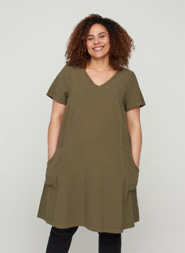 Kortærmet kjole i bomuld, Ivy Green, Model image number 0