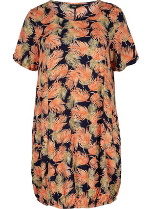 Kortærmet viskose kjole med print, Orange Leaf, Packshot image number 0