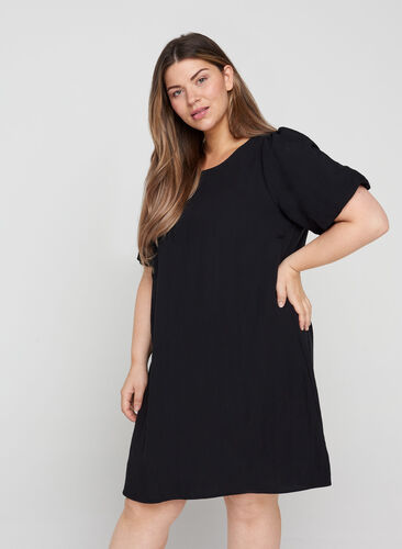Kortærmet viskose kjole med a-form , Black, Model image number 0