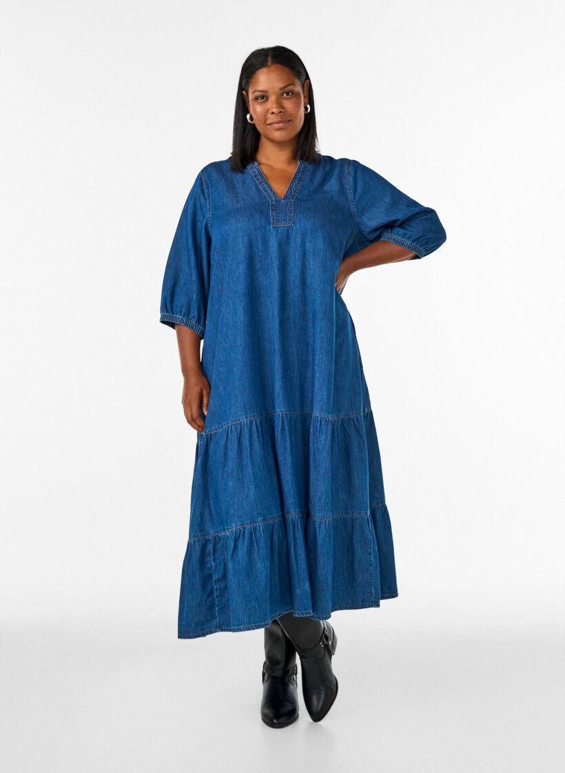Denimkjole i maxil&aelig;ngde med fl&aelig;sesk&aelig;ringer, Bl&aring;, Model image number 0
