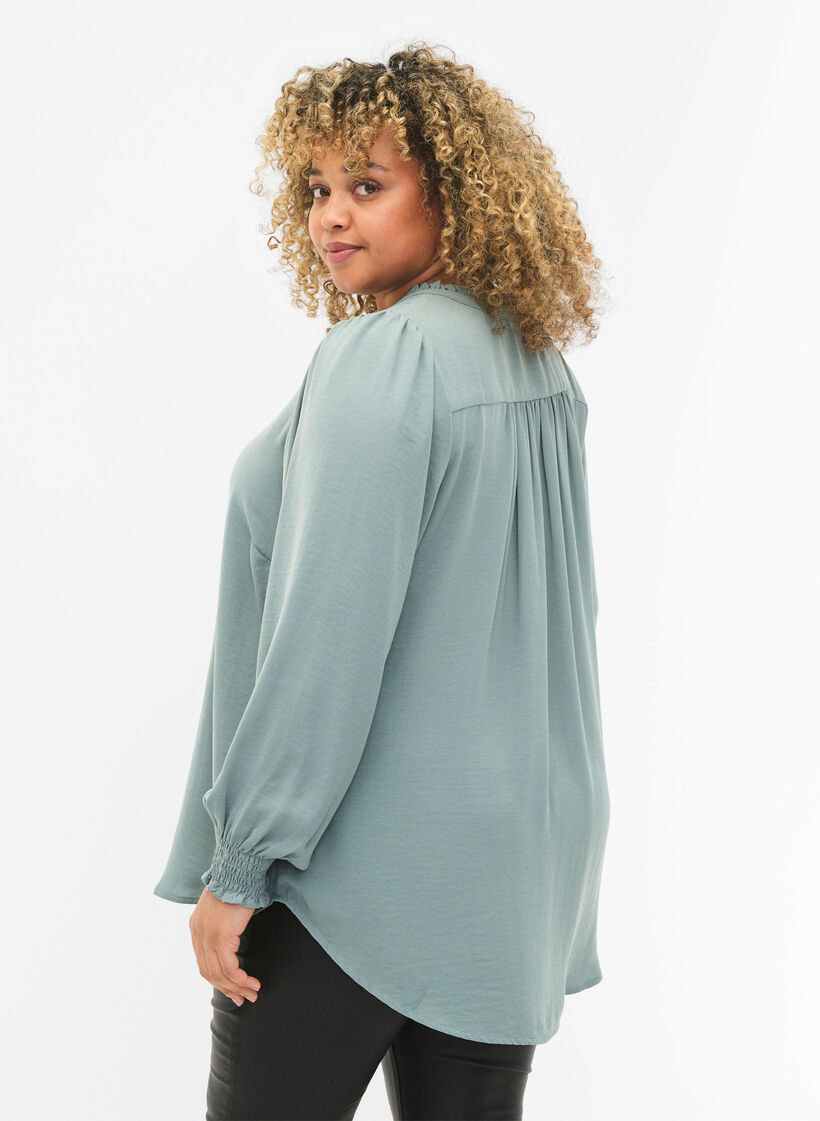 Bluse med smock og v-udskæring, Chinois Green, Model image number 1