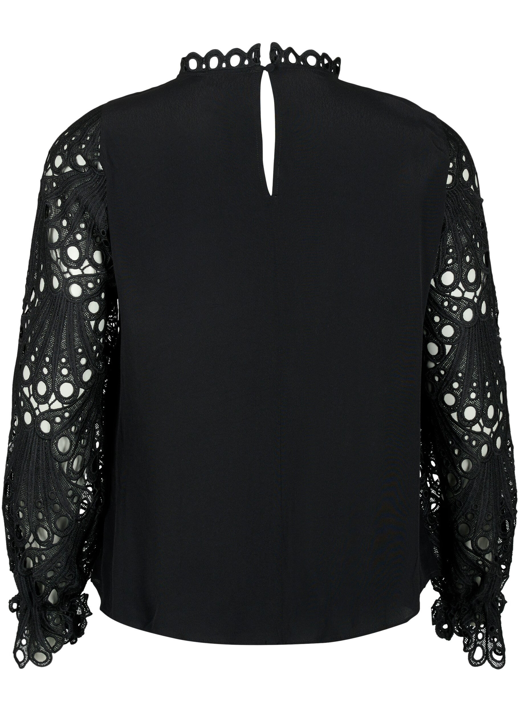 Zizzi Viskosebluse med crochet &aelig;rmer, Black, Packshot image number 1