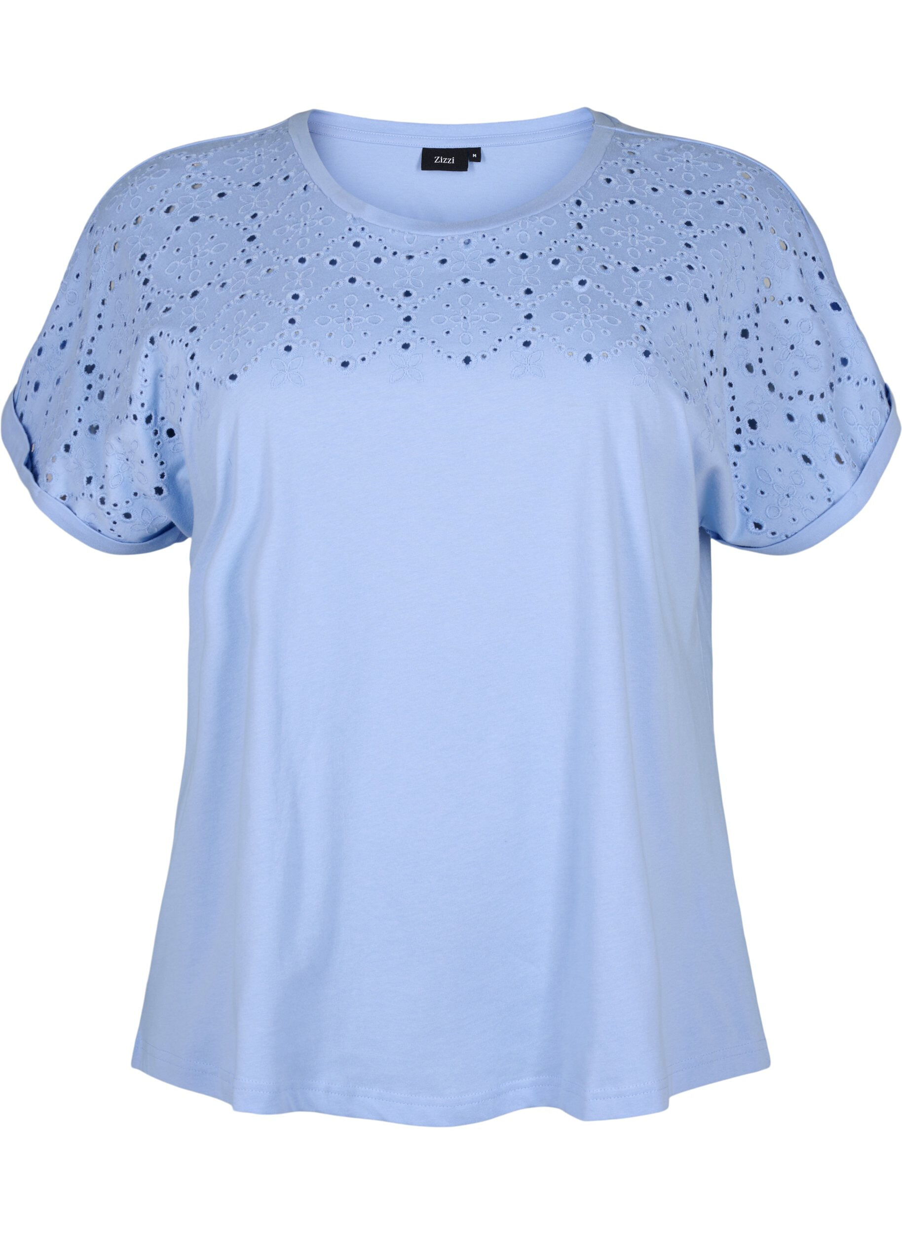 Zizzi T-shirt i &oslash;kologisk bomuld med broderi anglaise, Serenity, Packshot image number 0