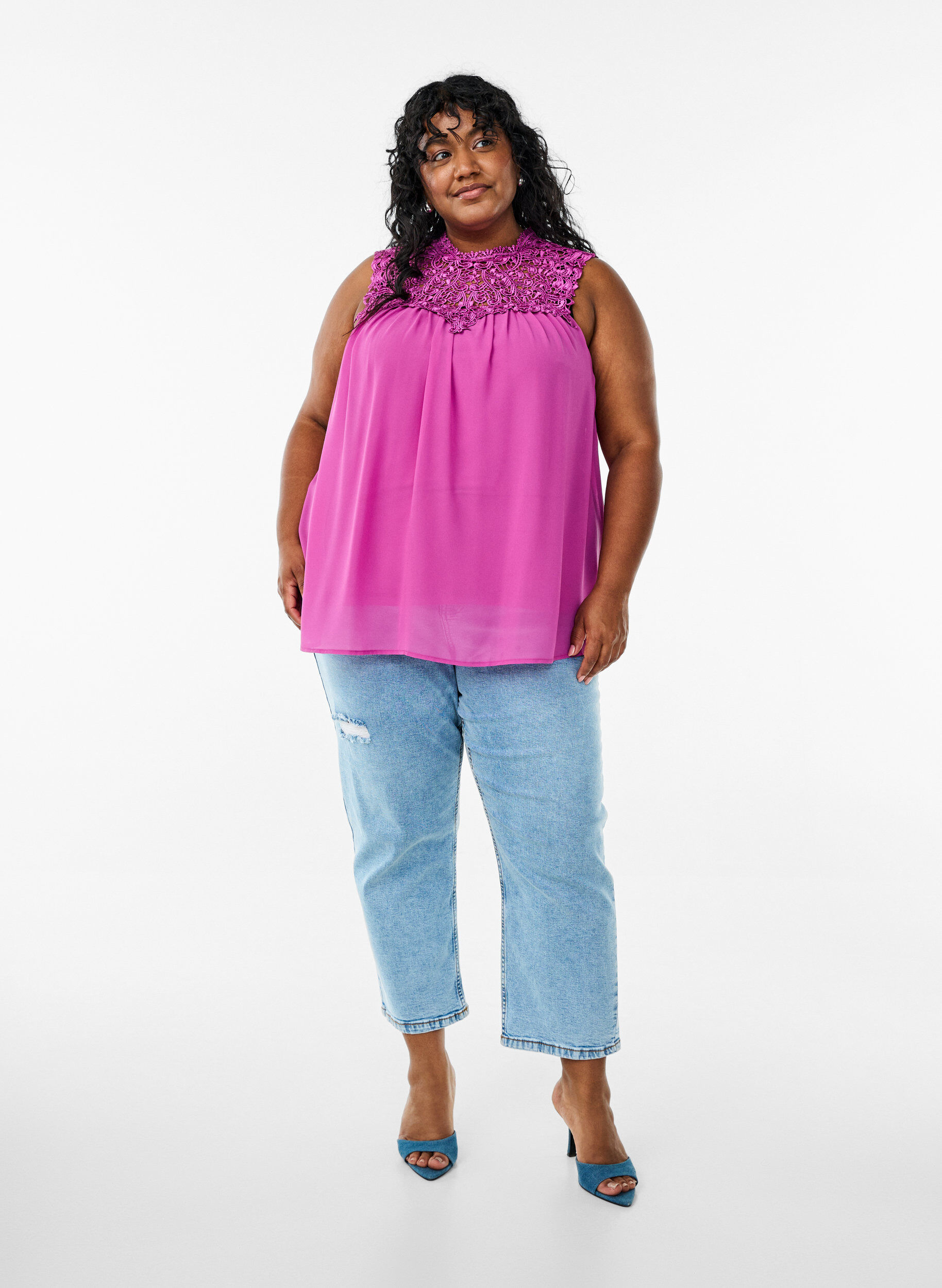 Zizzi &AElig;rmel&oslash;s festtop med crochet, Lilla, Model image number 1