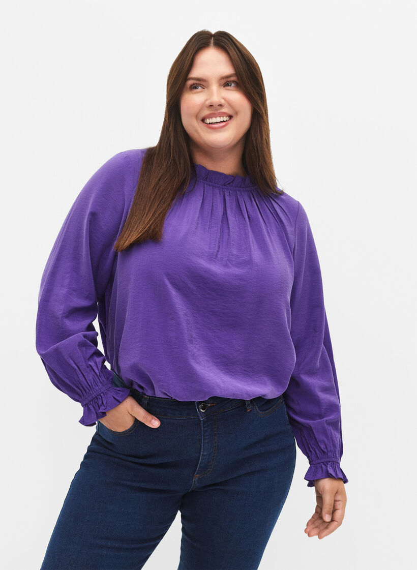 Langærmet viskosebluse med flæser, Prism Violet, Model image number 0