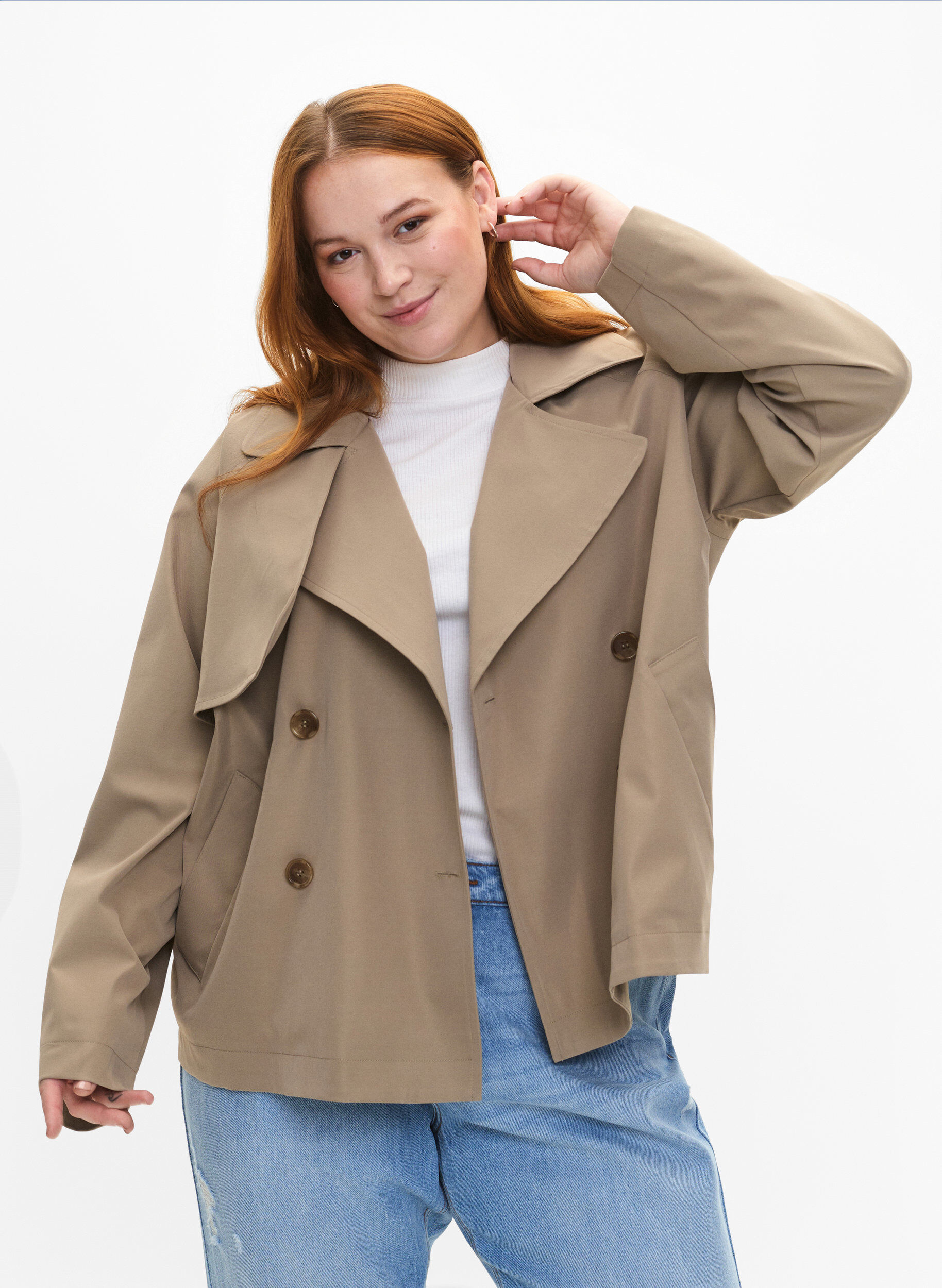 Zizzi Kort trenchcoat med knaplukning, Coriander, Model image number 0