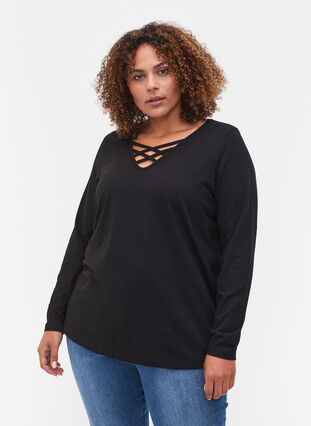 Ensfarvet bluse med lange ærmer, Black, Model image number 0