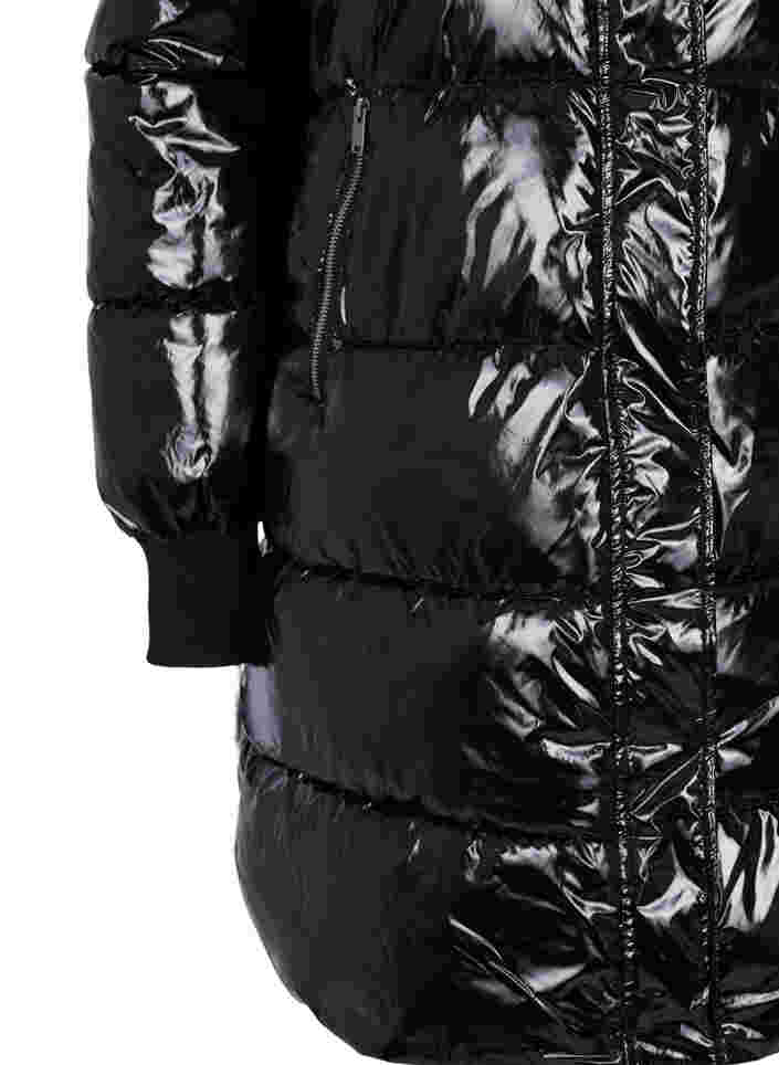Shiny vinterjakke med lynlås og knaplukning, Black, Packshot image number 3