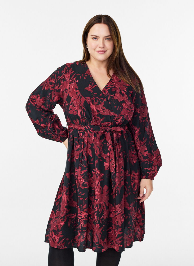 Knælang kjole med bindebælte og wrap-look, Sort, Model image number 0