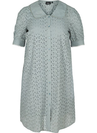 Bomulds kjole med broderi anglaise, Silver Blue, Packshot image number 0
