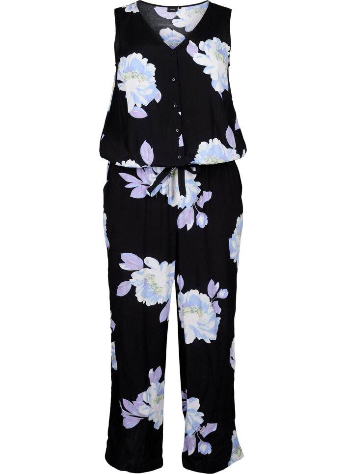 Ærmeløs jumpsuit i viskose, Black Big Flower AOP, Packshot image number 0