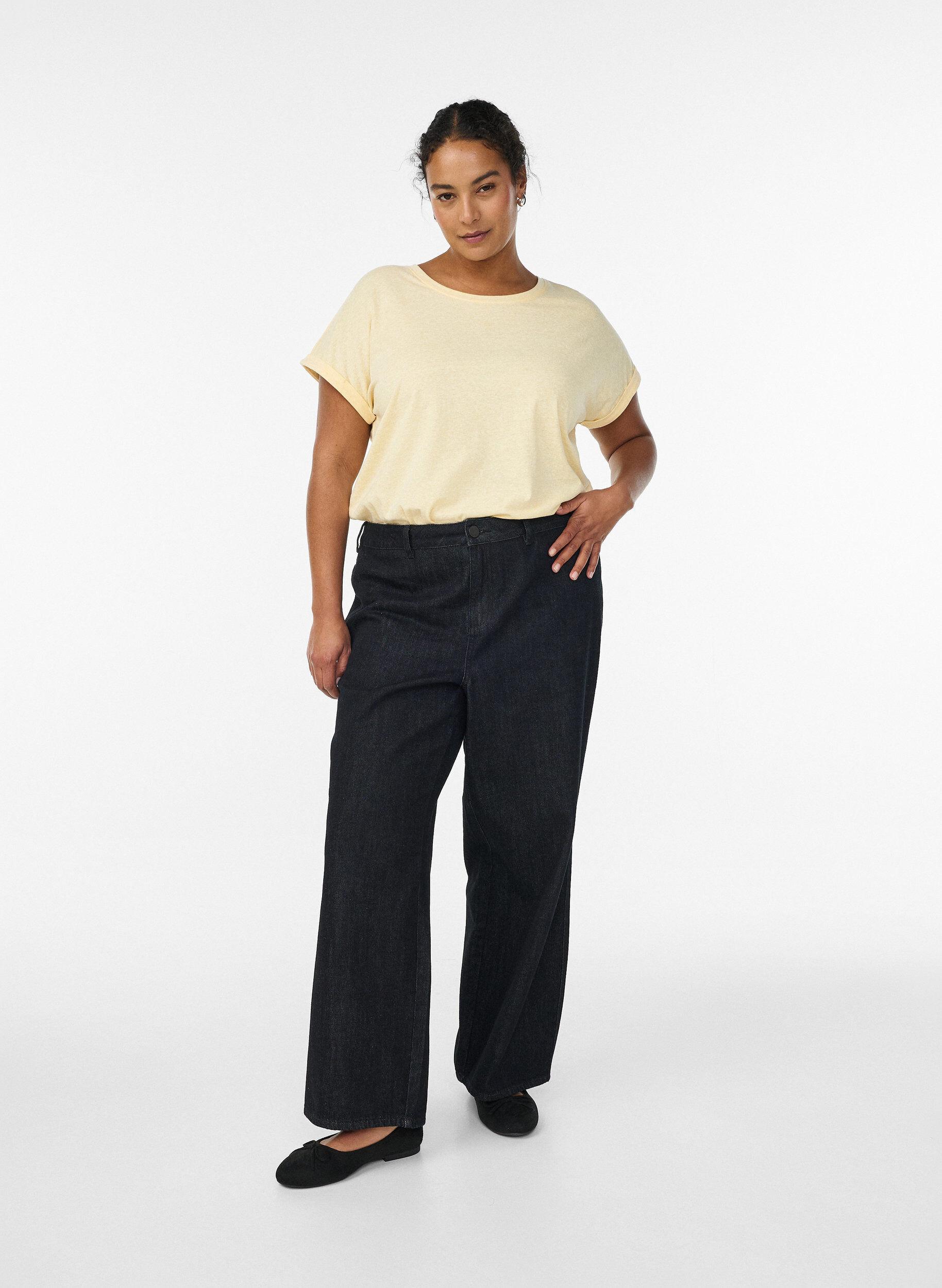 Zizzi Meleret t-shirt med korte &aelig;rmer, Gul, Model image number 1