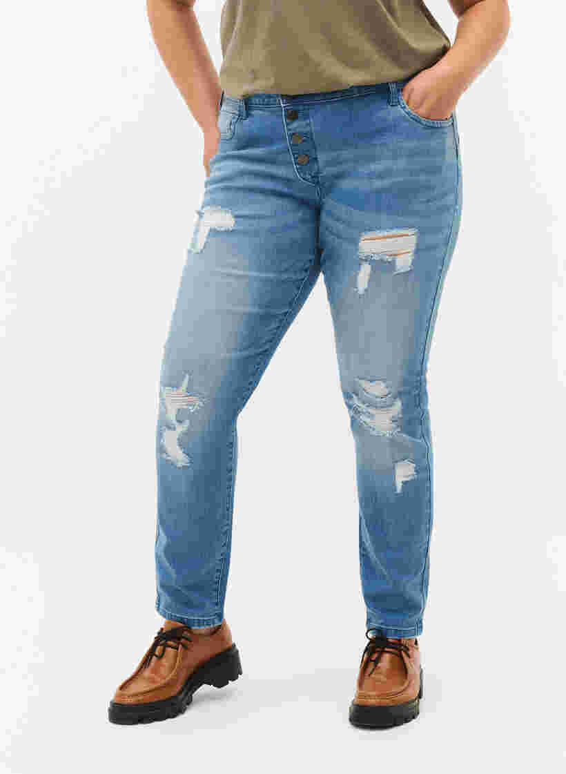 Ripped Emily jeans med regulær talje, Blue denim, Model image number 2