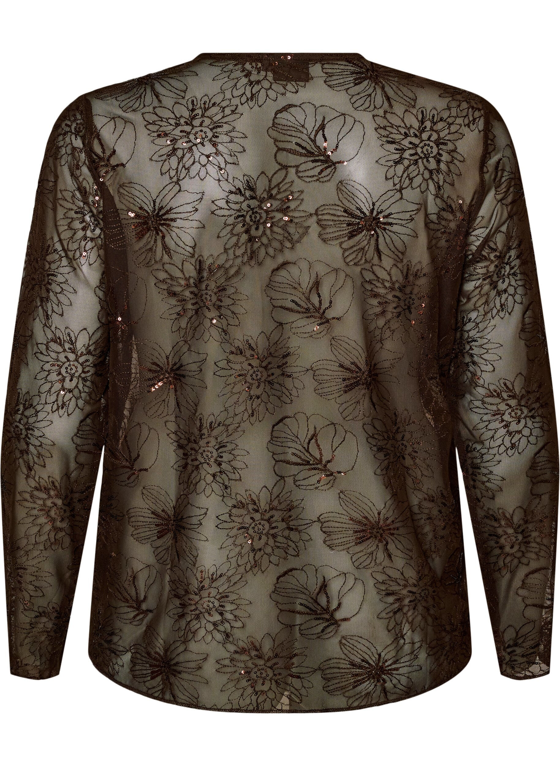 ZizziMeshbluse med blomster og pailletter, Brun, Packshot image number 1