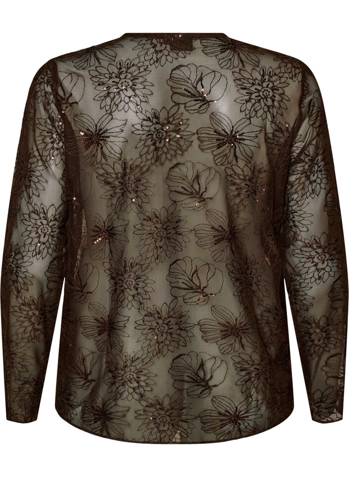 Meshbluse med blomster og pailletter, Brun, Packshot image number 1
