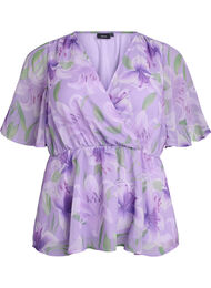 Blomstret chiffonbluse med korte &aelig;rmer, Lilla