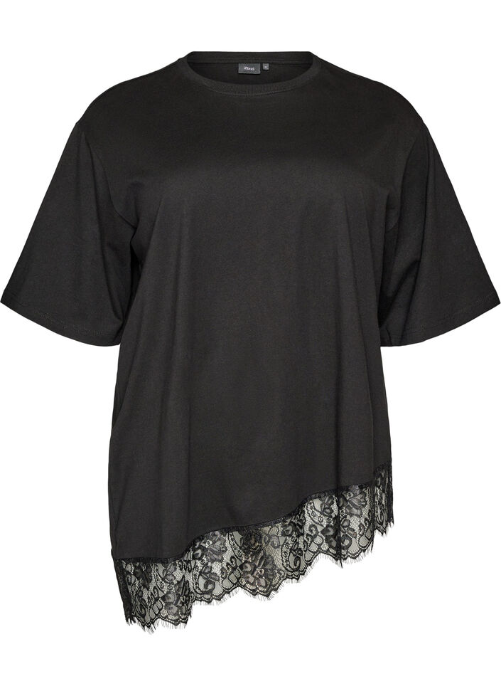 T-shirt med asymmetrisk blondekant, Sort, Packshot image number 0