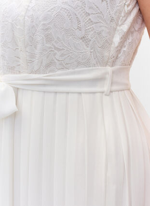 Ærmeløs kjole med blonder og plissé, Star White, Model image number 3