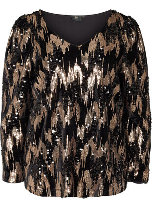 Langærmet velour bluse med pailletter, Black w. Sequins, Packshot image number 0
