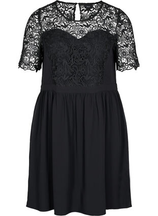 Kortærmet kjole med blondeoverdel, Black, Packshot image number 0