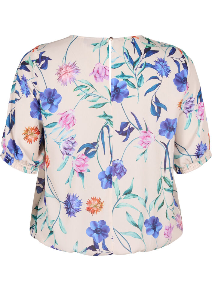 Blomstret bluse med smock, Bl&aring;, Packshot image number 1