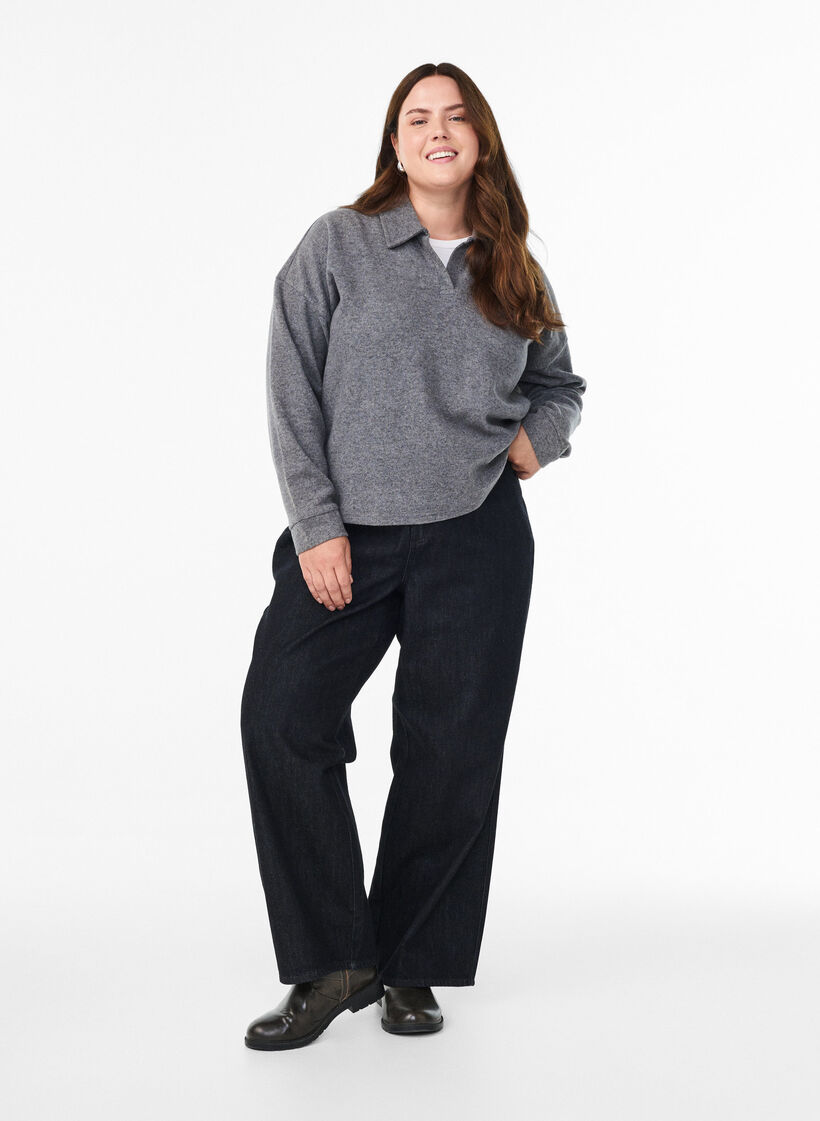 Jerseybluse med krave og V-udskæring, Grå, Model image number 1