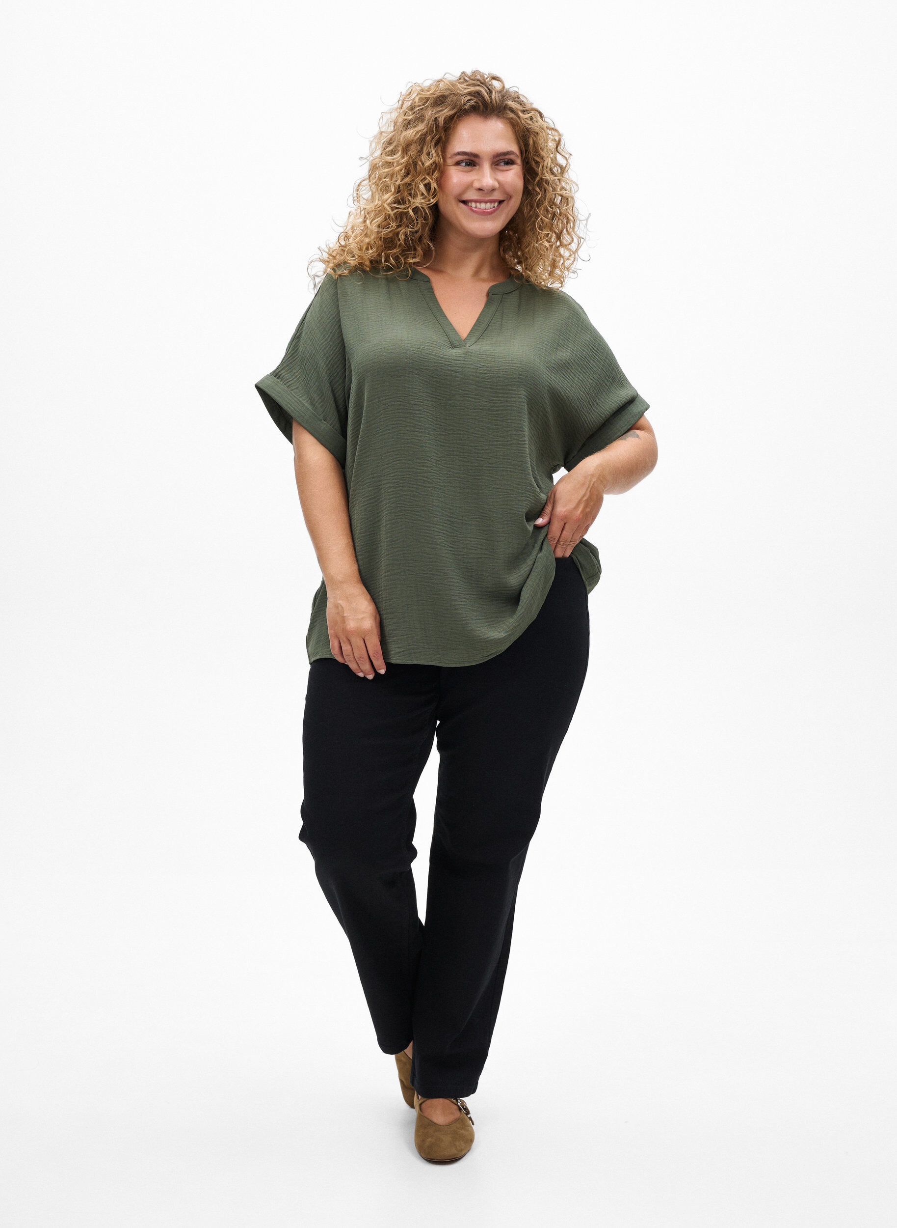 ZizziL&oslash;s bluse med korte &aelig;rmer, Gr&oslash;n, Model image number 1