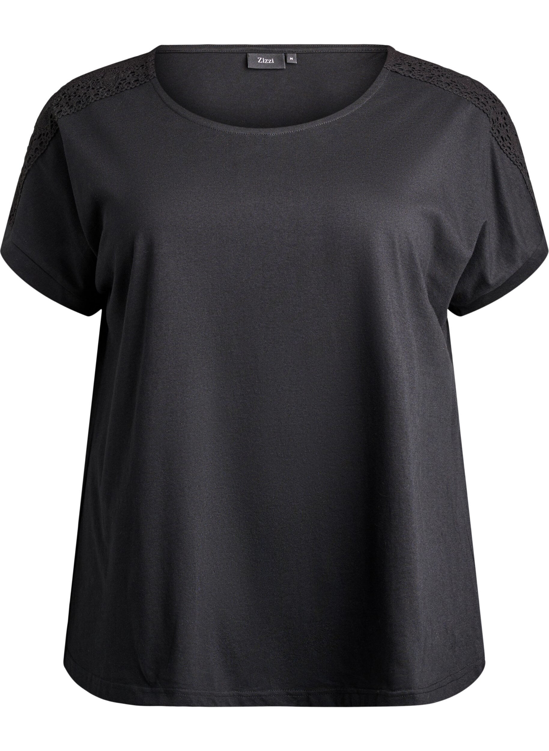 ZizziT-shirt i bomuld med crochetdetalje, Sort, Packshot image number 0