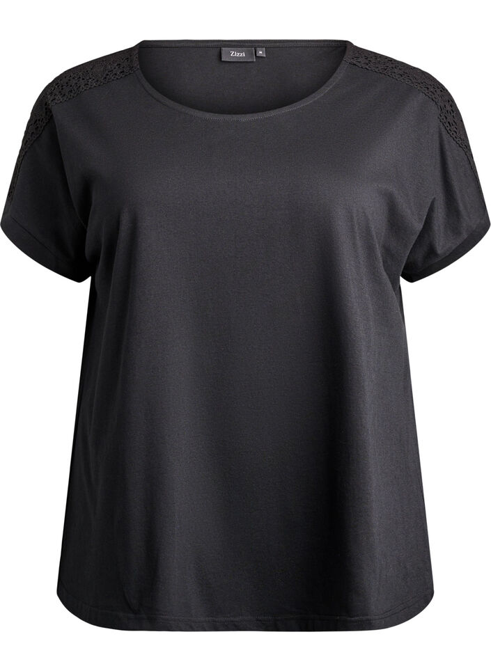 T-shirt i bomuld med crochetdetalje, Sort, Packshot image number 0