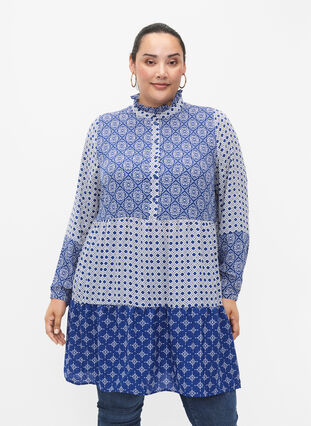 A-shape kjole med mønstre og skæringer, Blue AOP, Model image number 0