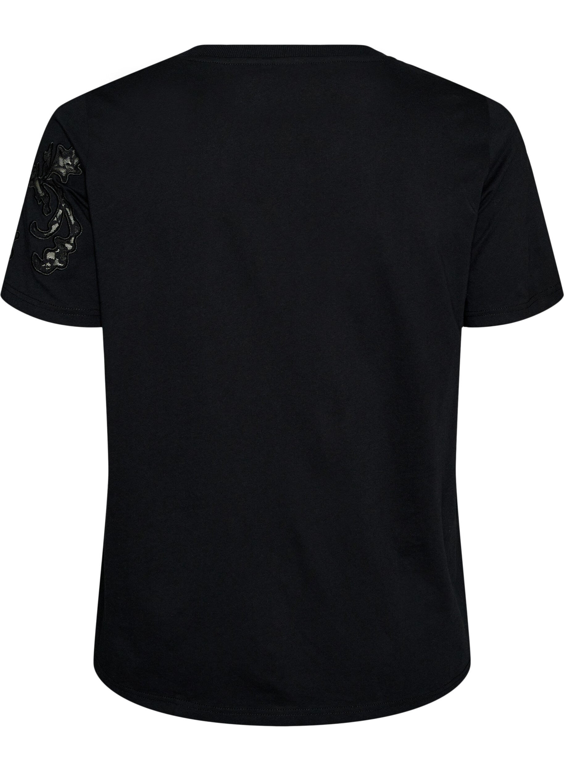 ZizziT-shirt i bomuld med blondeapplikationer, Sort, Packshot image number 1