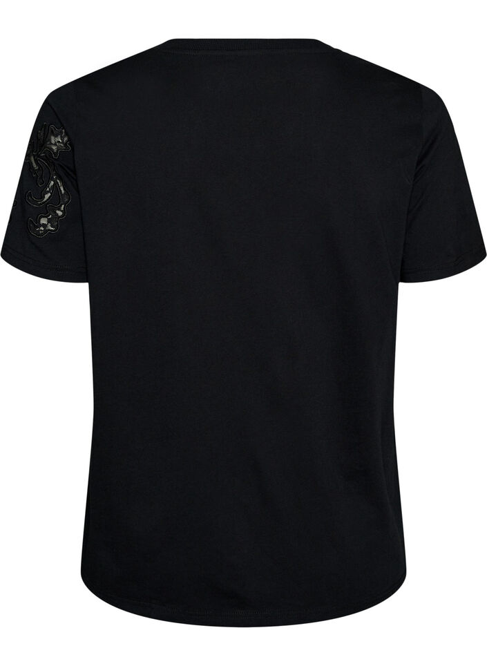 T-shirt i bomuld med blondeapplikationer, Sort, Packshot image number 1