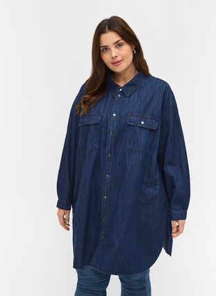 Oversize denimskjorte i bomuld, Dark blue denim, Model image number 0