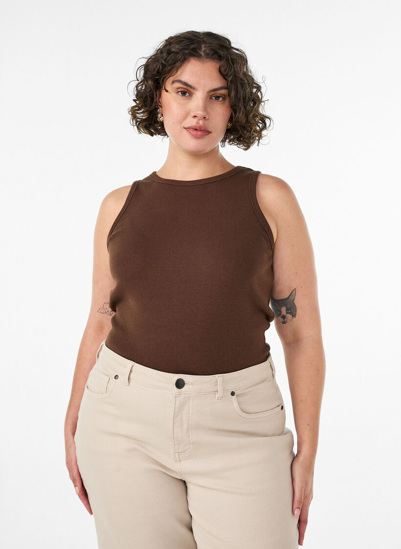 Ribtop i bomuld med h&oslash;j hals, Brun, Model image number 0