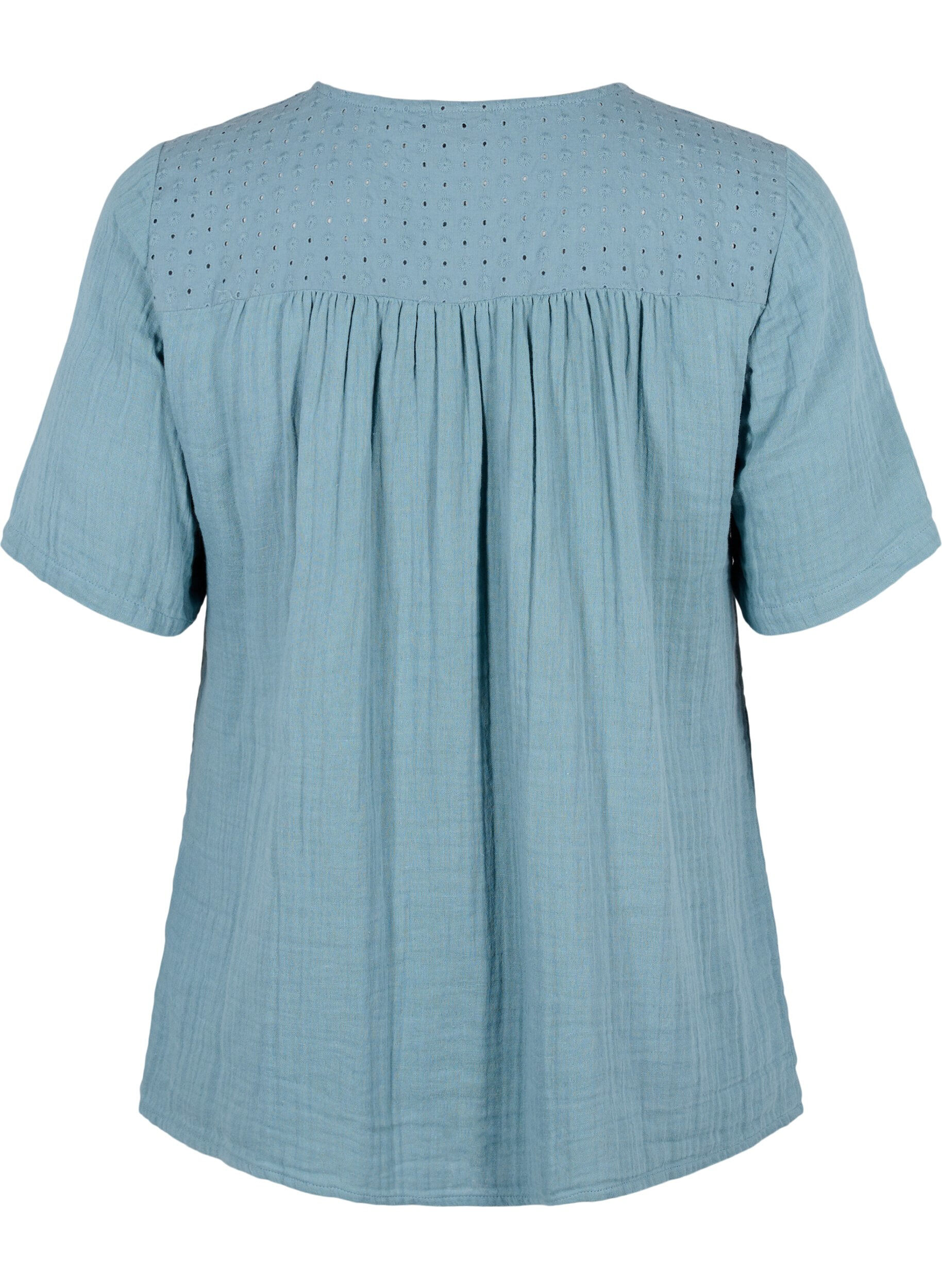 Zizzi Bluse i bomuld med broderi og korte &aelig;rmer, Smoke Blue, Packshot image number 1