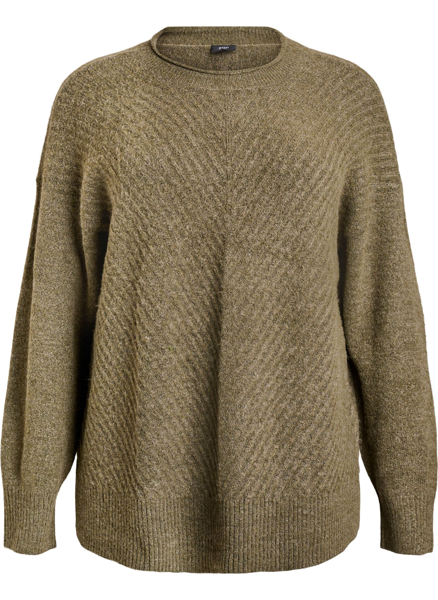 ZizziStrikbluse med V-formet ribm&oslash;nster og slidser, Gr&oslash;n, Packshot image number 0