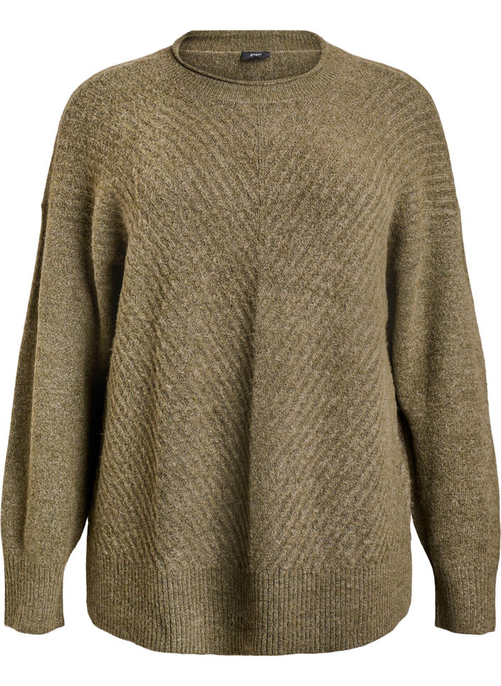 Strikbluse med V-formet ribm&oslash;nster og slidser, Gr&oslash;n, Packshot image number 0