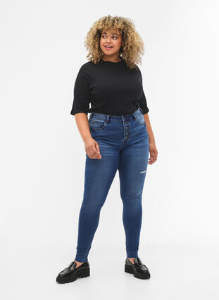Højtaljede Amy jeans med knapper, Blue denim, Model image number 0