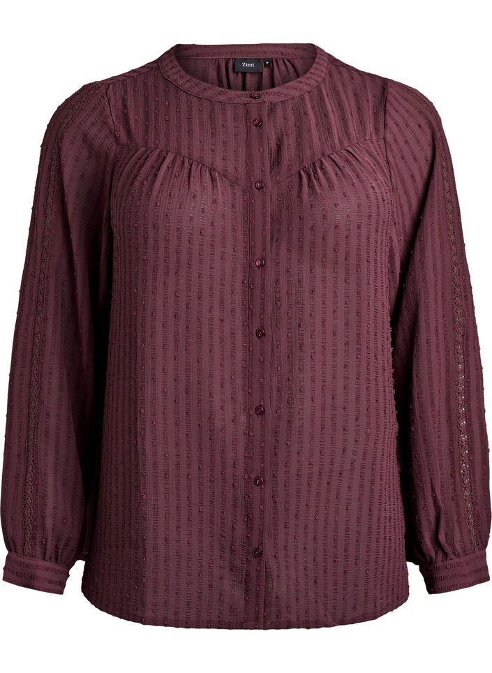Skjortebluse med prikket struktur og broderidetaljer, Mørk Bordeaux, Packshot image number 0