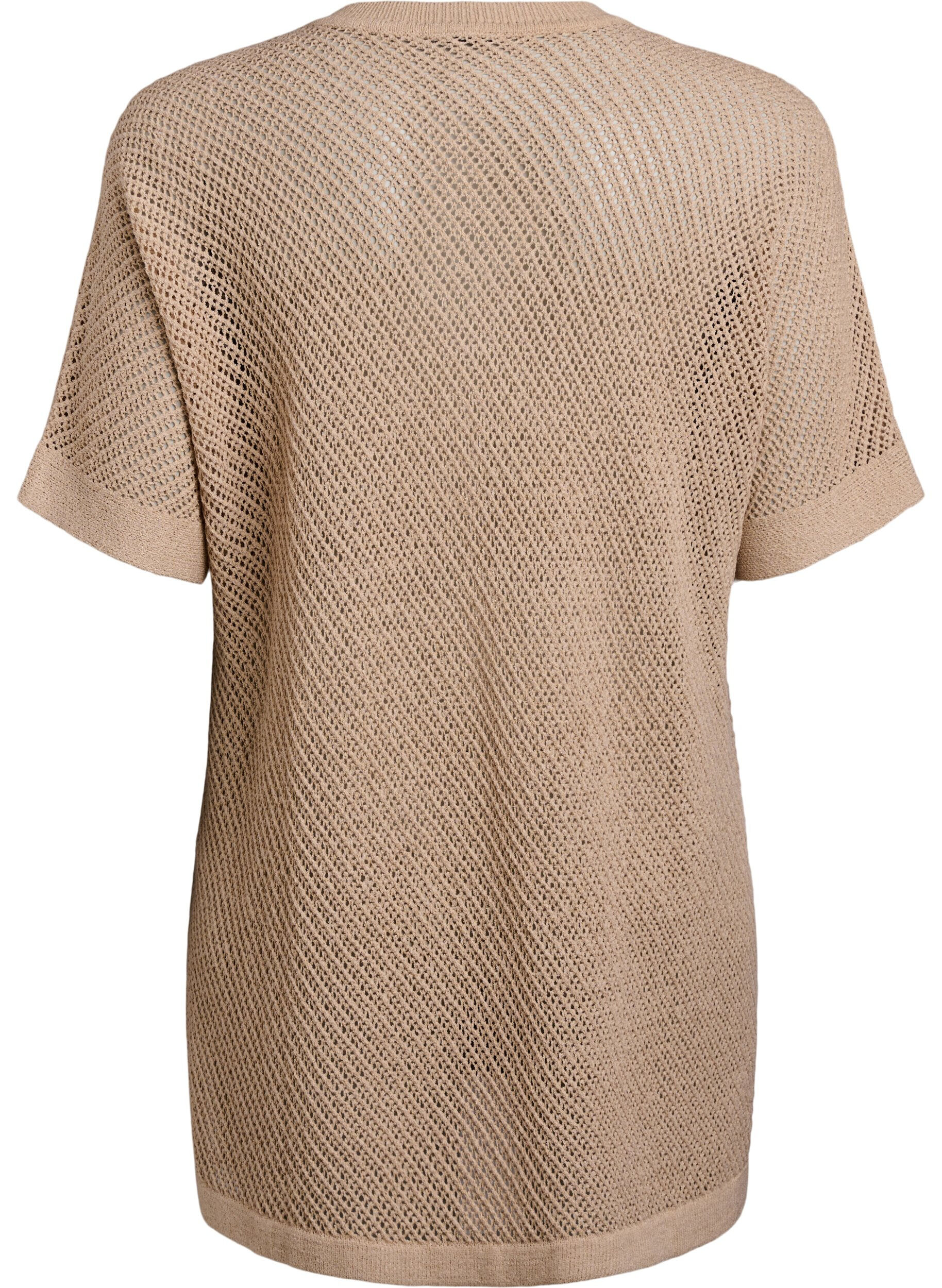 Zizzi FLASH - Kort&aelig;rmet strikbluse med v-hals, Beige, Packshot image number 1
