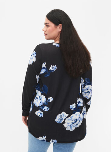 Blomstret bluse med lange ærmer, Black Flower, Model image number 1