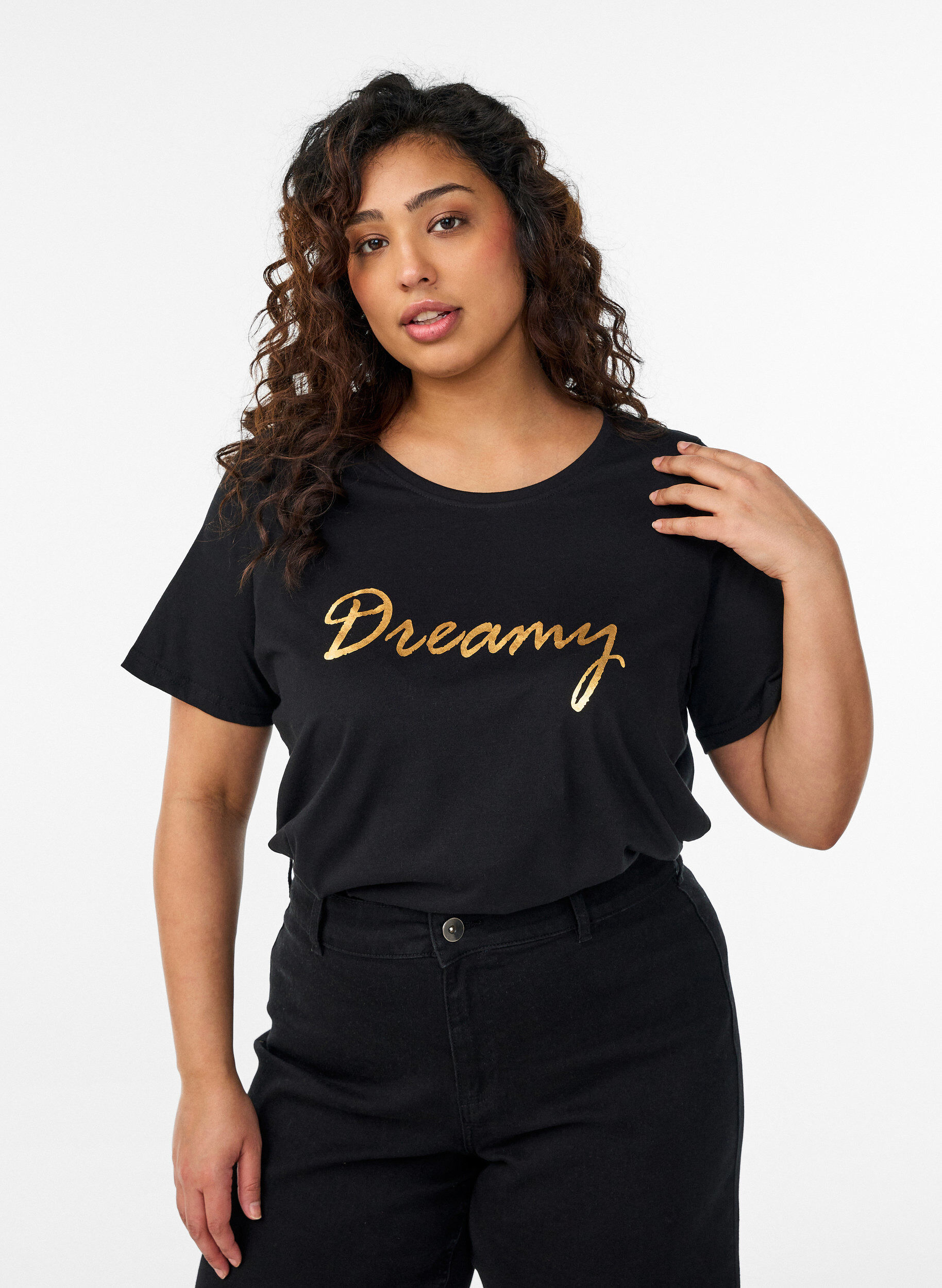 T-shirt med motiv, Sort, Model