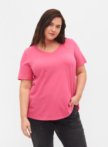 Ensfarvet basis t-shirt i bomuld, Hot Pink, Model image number 0