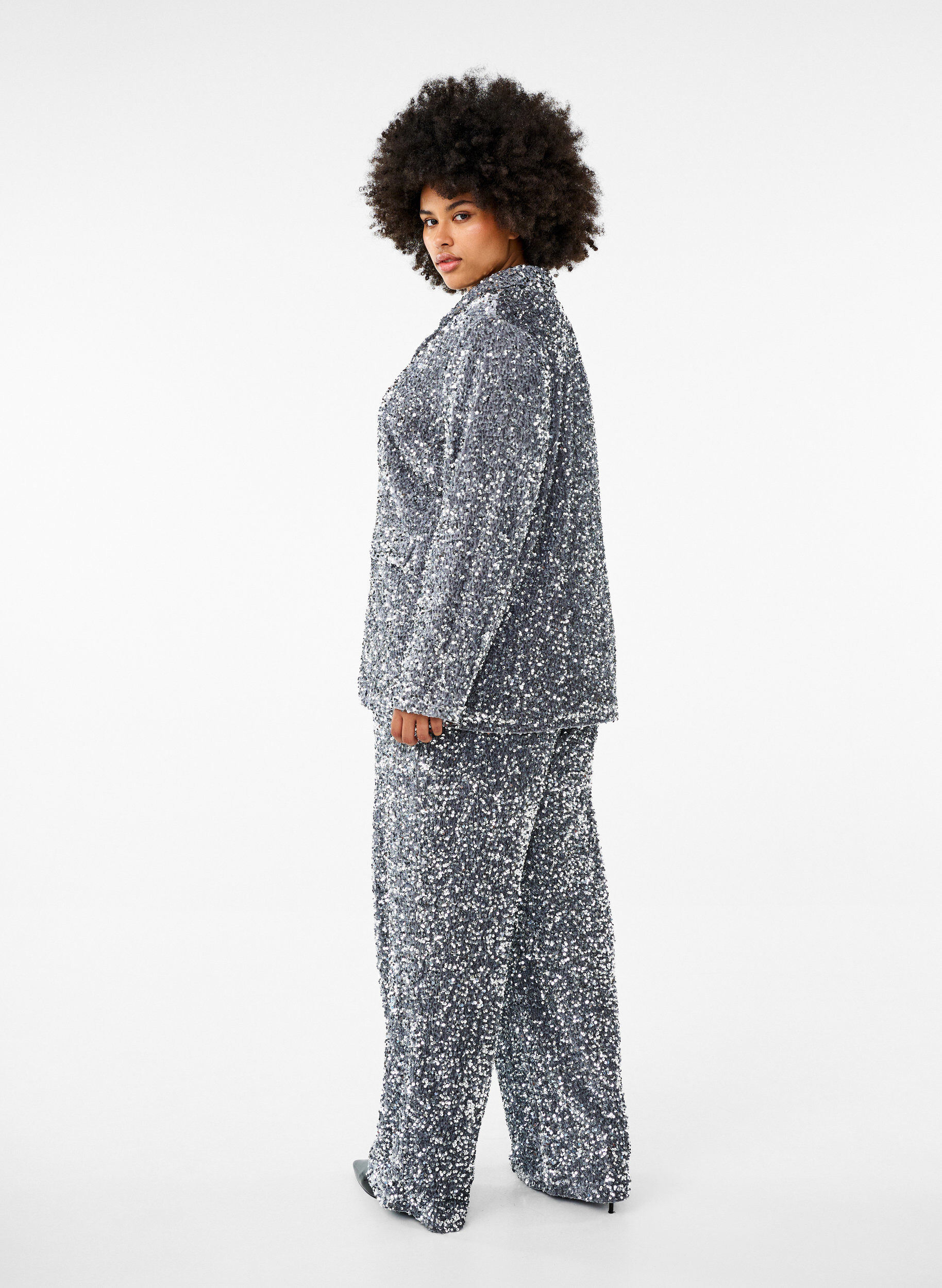 Zizzi L&oslash;se pailletbukser med h&oslash;j talje, Silver, Model image number 1