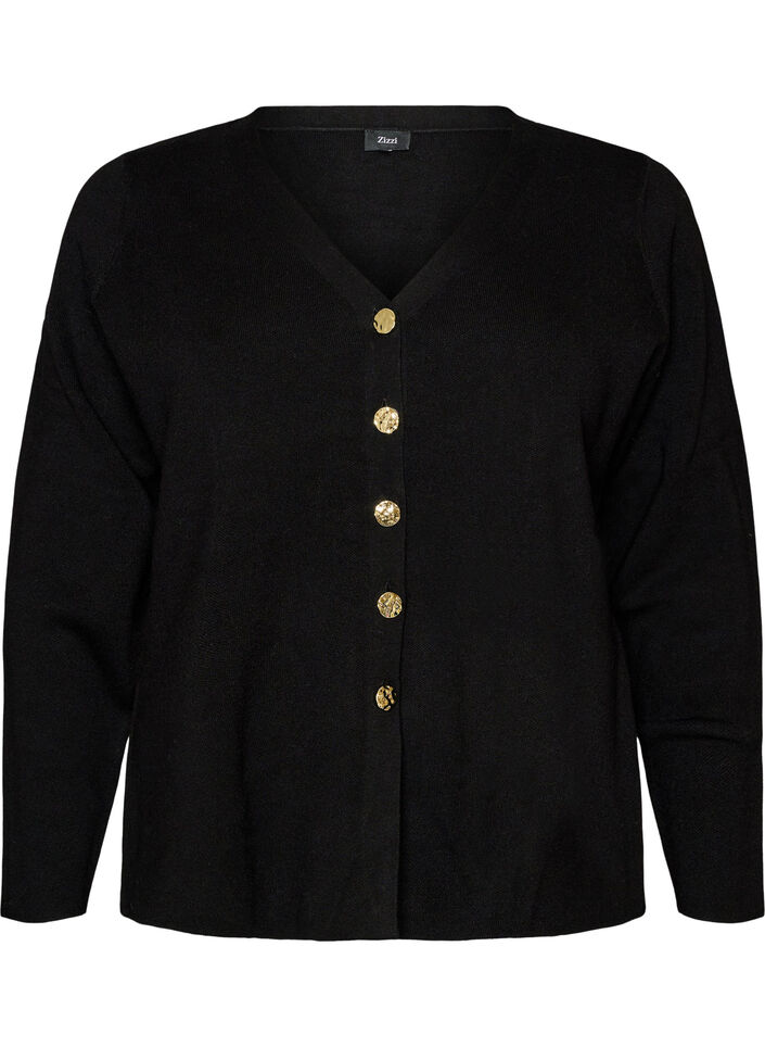 Finstrikket cardigan med dekorative knapper, Sort, Packshot image number 0