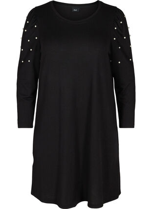 Kjole med lange pufærmer og perler, Black, Packshot image number 0