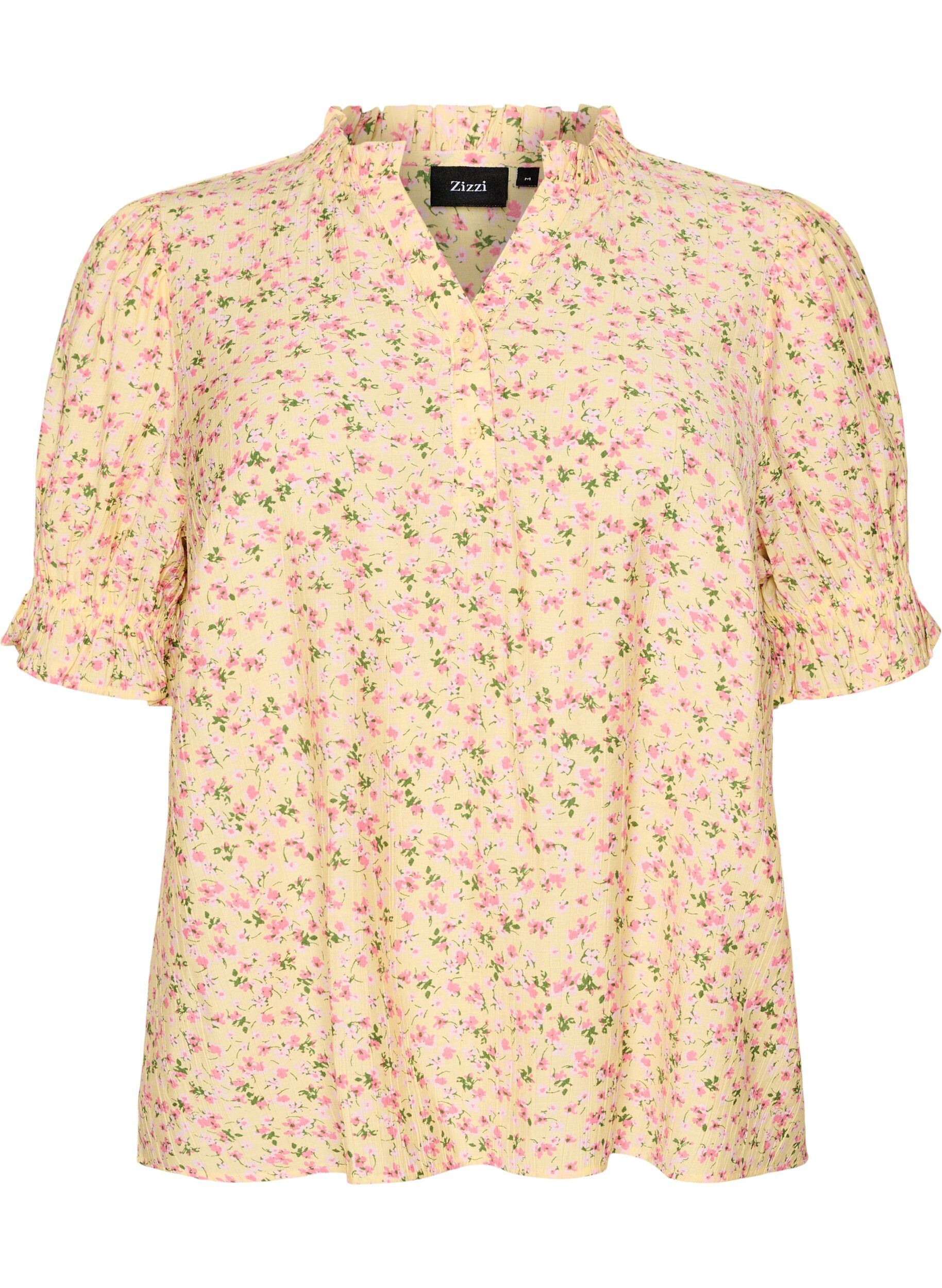 ZizziBlomstret bluse i viskose med korte &aelig;rmer og fl&aelig;sekrave, Gul, Packshot image number 0